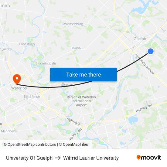 University Of Guelph to Wilfrid Laurier University map