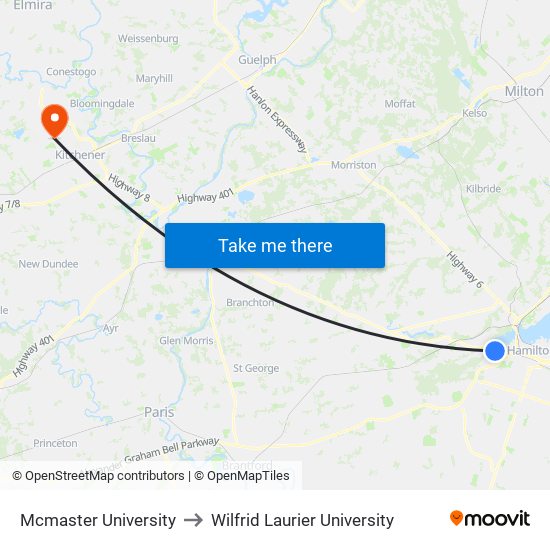 Mcmaster University to Wilfrid Laurier University map