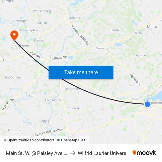 Main St. W. @ Paisley Ave. S. to Wilfrid Laurier University map