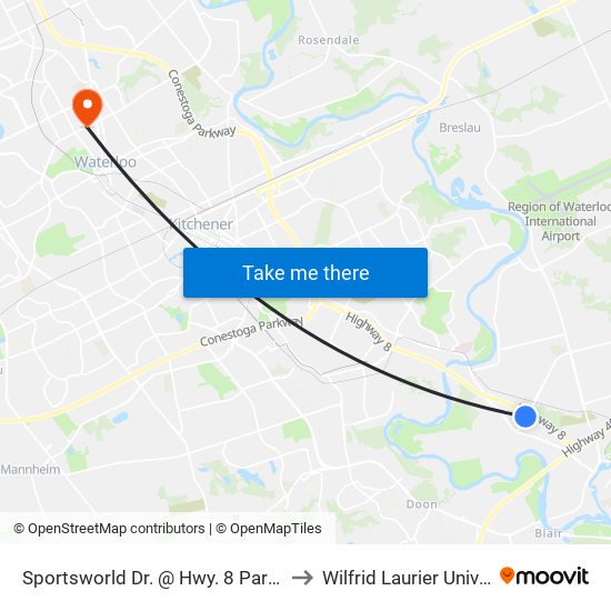 Sportsworld Dr. @ Hwy. 8 Park & Ride to Wilfrid Laurier University map