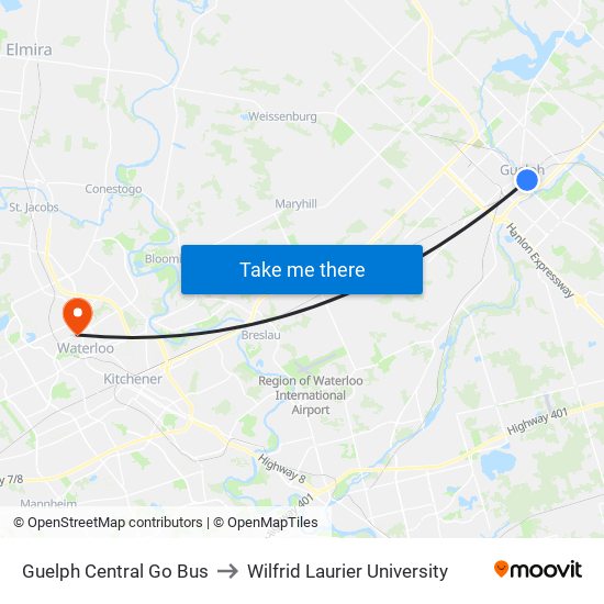 Guelph Central Go Bus to Wilfrid Laurier University map