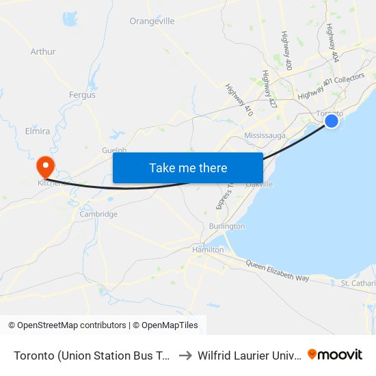 Toronto (Union Station Bus Terminal) to Wilfrid Laurier University map