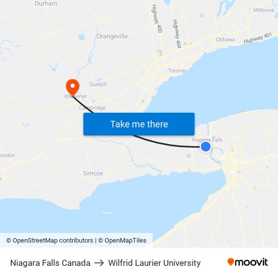 Niagara Falls Canada to Wilfrid Laurier University map