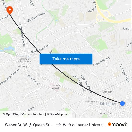 Weber St. W. @ Queen St. N. to Wilfrid Laurier University map