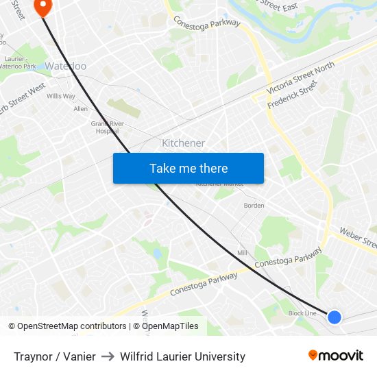 Traynor / Vanier to Wilfrid Laurier University map