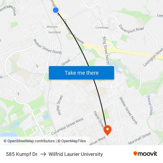 585 Kumpf Dr. to Wilfrid Laurier University map