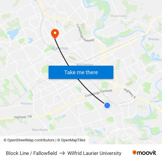 Block Line / Fallowfield to Wilfrid Laurier University map