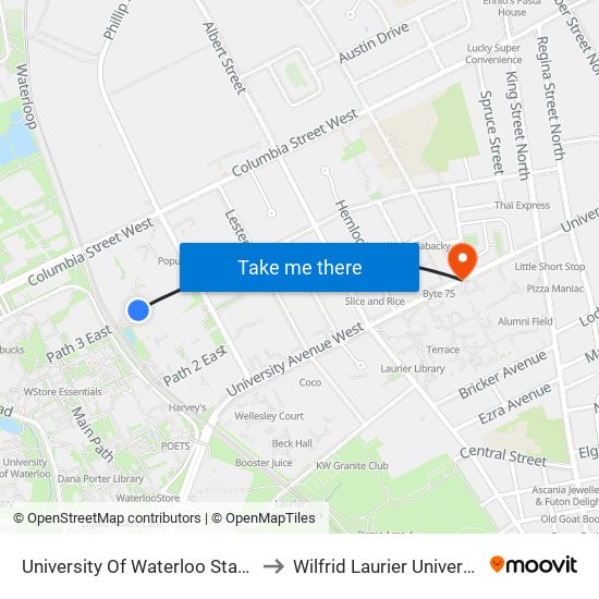 University Of Waterloo Station to Wilfrid Laurier University map