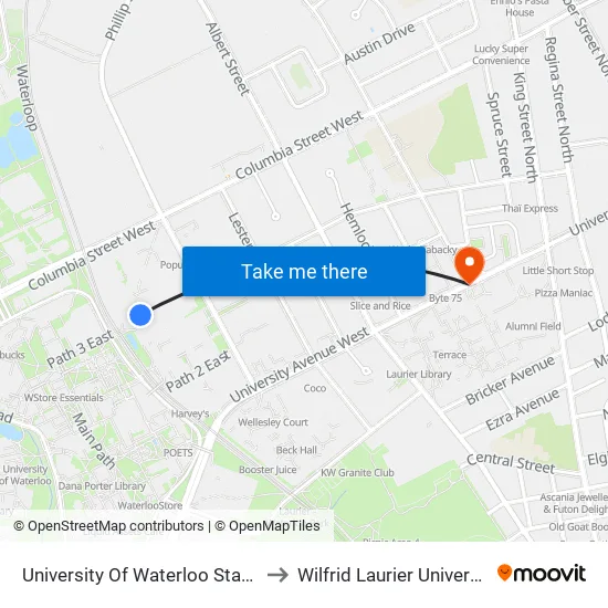 University Of Waterloo Station to Wilfrid Laurier University map