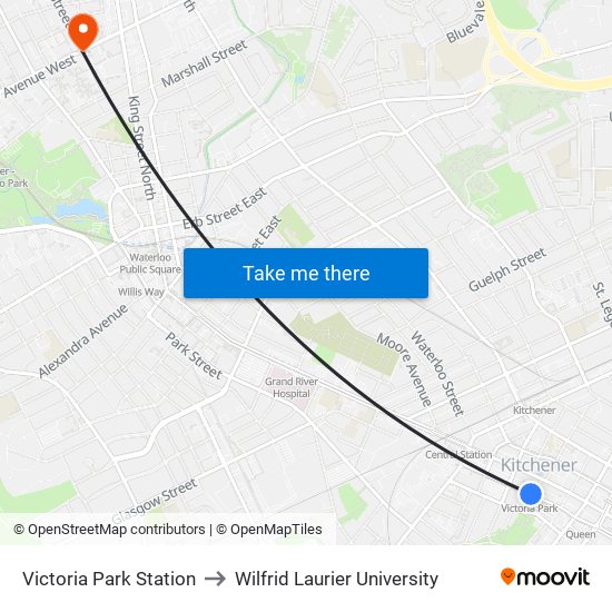 Victoria Park Station to Wilfrid Laurier University map