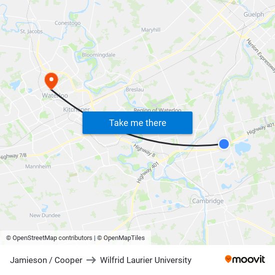 Jamieson / Cooper to Wilfrid Laurier University map