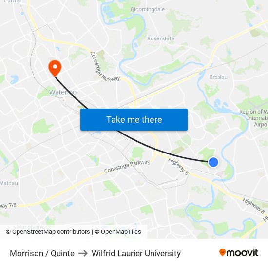 Morrison / Quinte to Wilfrid Laurier University map