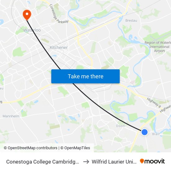 Conestoga College Cambridge Campus to Wilfrid Laurier University map