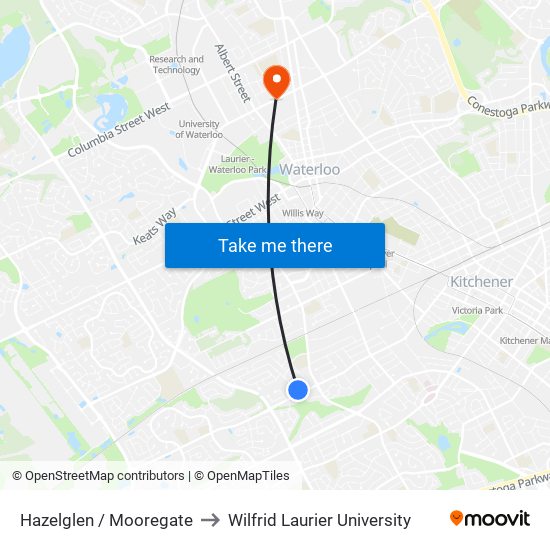 Hazelglen / Mooregate to Wilfrid Laurier University map