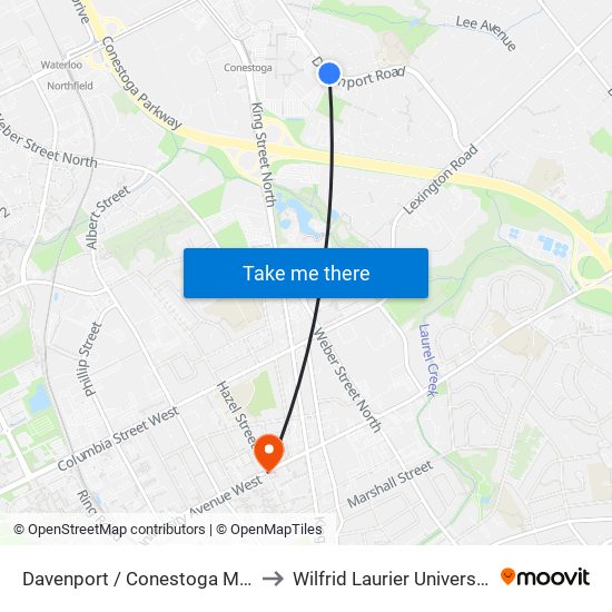 Davenport / Conestoga Mall to Wilfrid Laurier University map