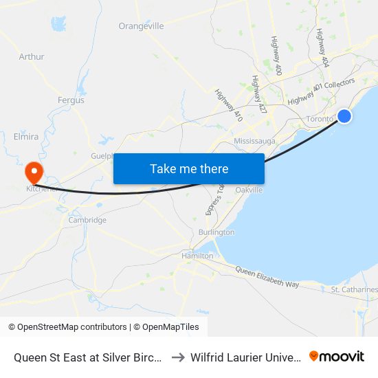 Queen St East at Silver Birch Ave to Wilfrid Laurier University map