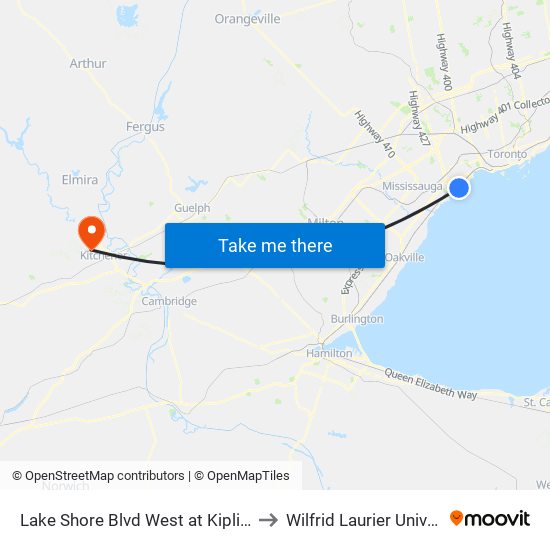 Lake Shore Blvd West at Kipling Ave to Wilfrid Laurier University map