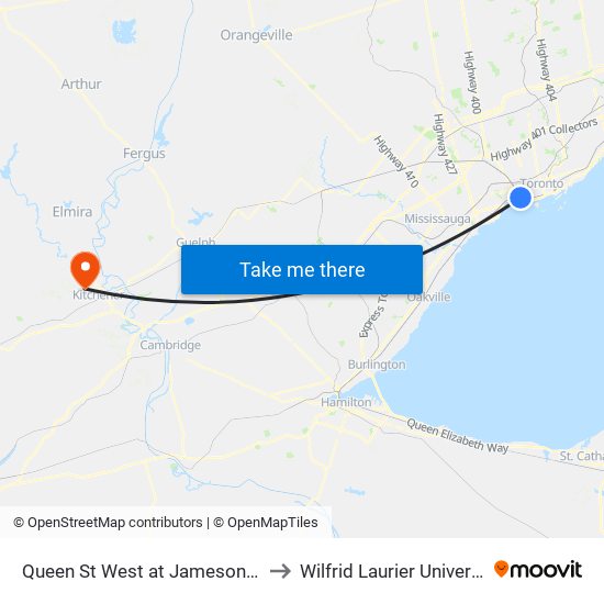 Queen St West at Jameson Ave to Wilfrid Laurier University map