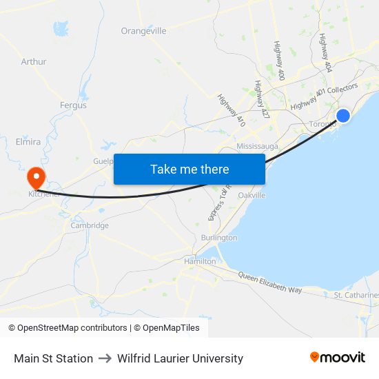 Main St Station to Wilfrid Laurier University map