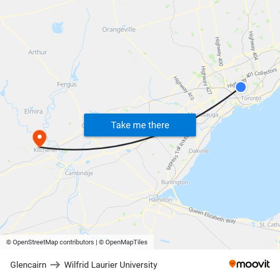 Glencairn to Wilfrid Laurier University map