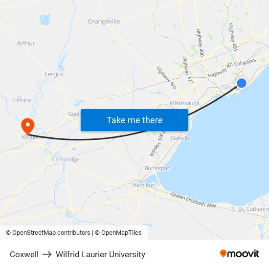 Coxwell to Wilfrid Laurier University map