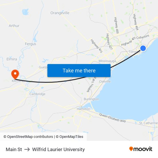 Main St to Wilfrid Laurier University map