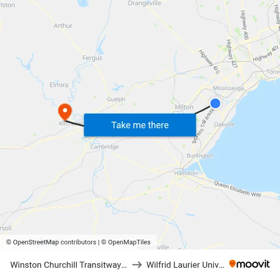 Winston Churchill Transitway Station to Wilfrid Laurier University map