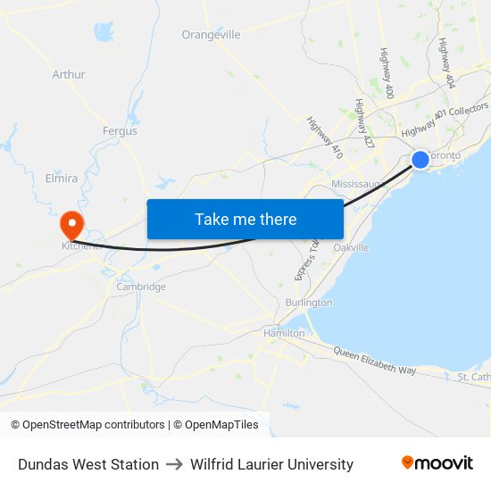 Dundas West Station to Wilfrid Laurier University map