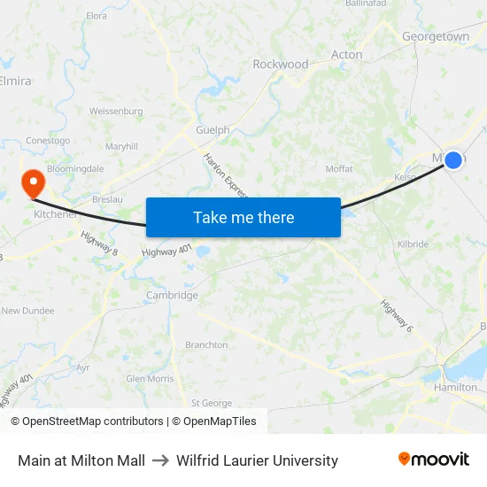 Main at Milton Mall to Wilfrid Laurier University map