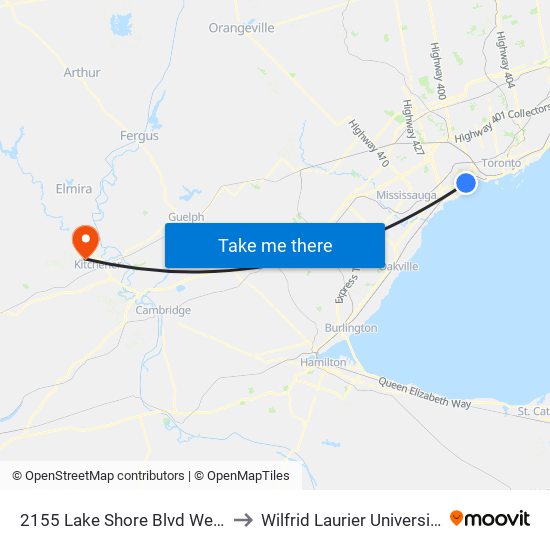 2155 Lake Shore Blvd West to Wilfrid Laurier University map