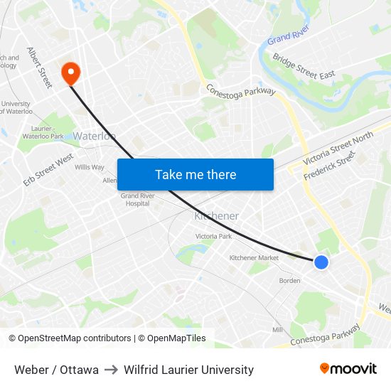 Weber / Ottawa to Wilfrid Laurier University map