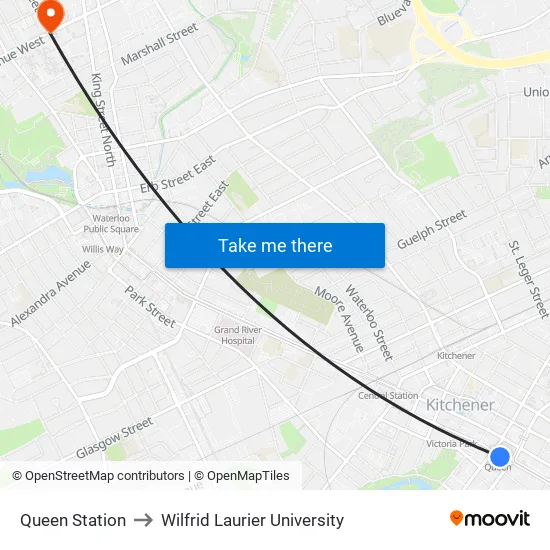Queen Station to Wilfrid Laurier University map