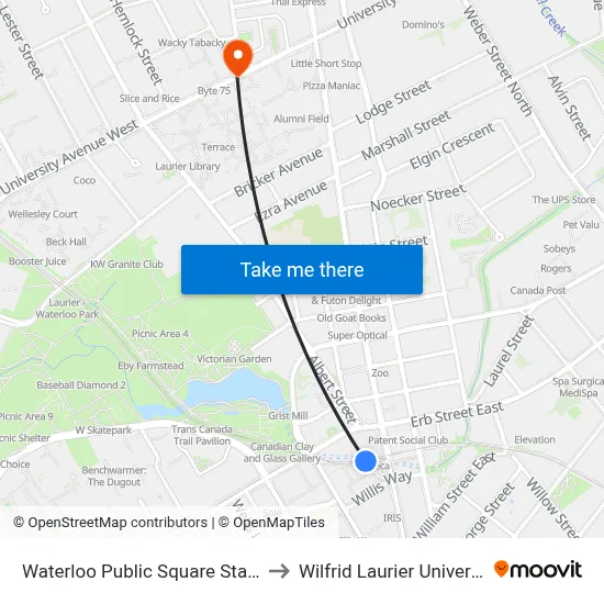 Waterloo Public Square Station to Wilfrid Laurier University map