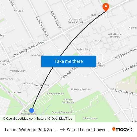 Laurier-Waterloo Park Station to Wilfrid Laurier University map