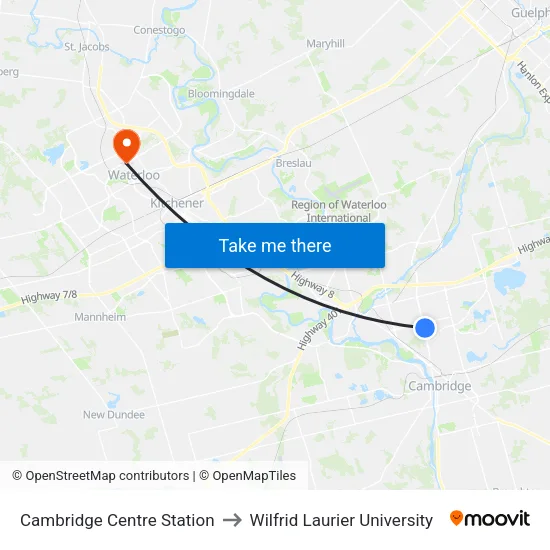 Cambridge Centre Station to Wilfrid Laurier University map