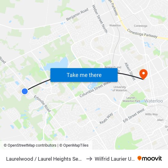 Laurelwood / Laurel Heights Secondary School to Wilfrid Laurier University map