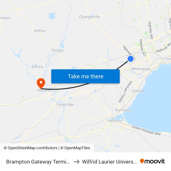 Brampton Gateway Terminal to Wilfrid Laurier University map