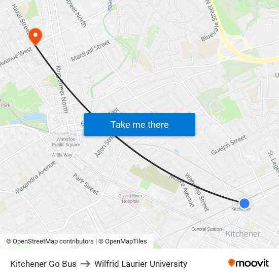 Kitchener Go Bus to Wilfrid Laurier University map