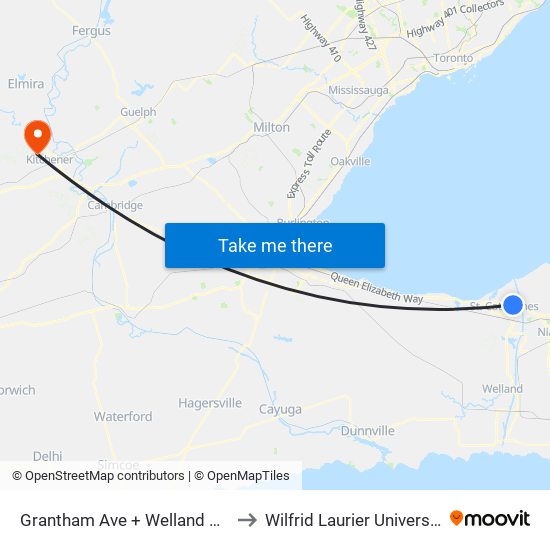 Grantham Ave + Welland Ave to Wilfrid Laurier University map