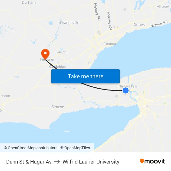 Dunn St + Hagar Av to Wilfrid Laurier University map