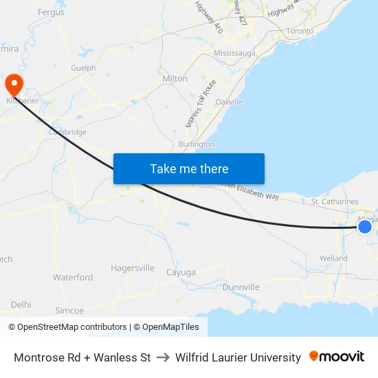 Montrose Rd + Wanless St to Wilfrid Laurier University map