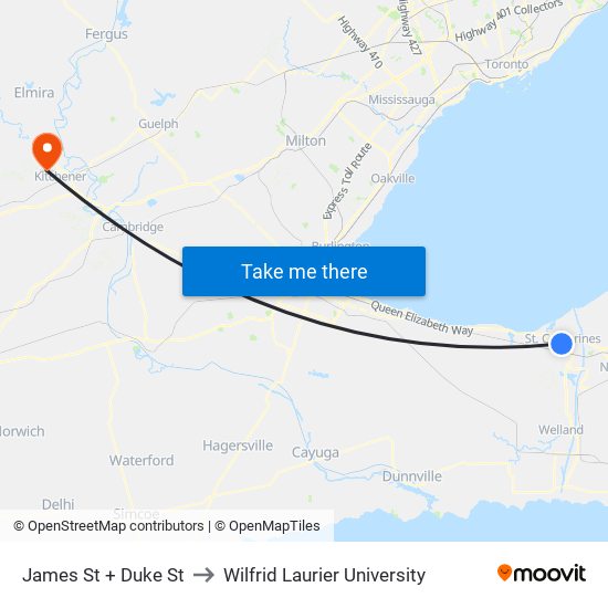 James St + Duke St to Wilfrid Laurier University map