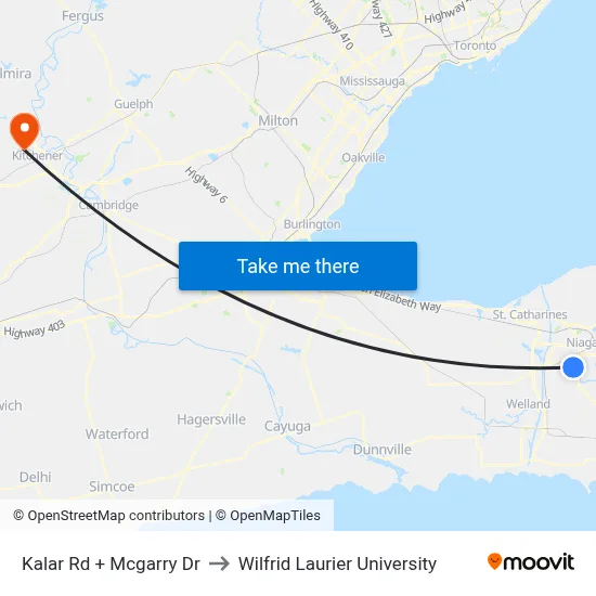 Kalar Rd + Mcgarry Dr to Wilfrid Laurier University map