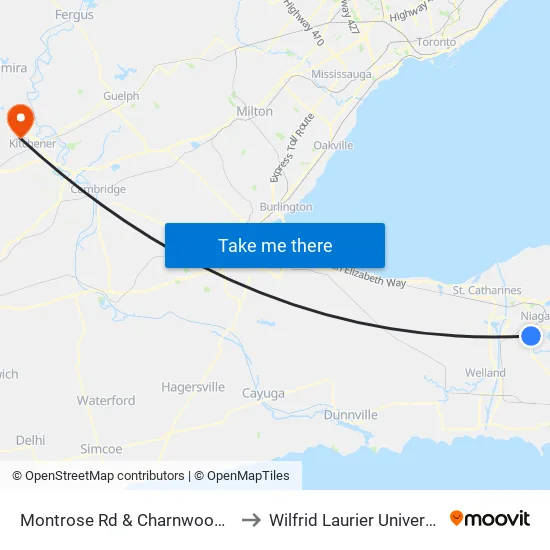 Montrose Rd + Charnwood Av to Wilfrid Laurier University map
