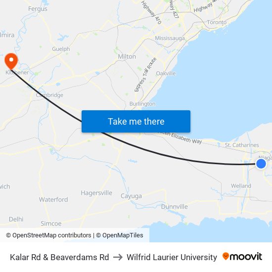 Kalar Rd & Beaverdams Rd to Wilfrid Laurier University map