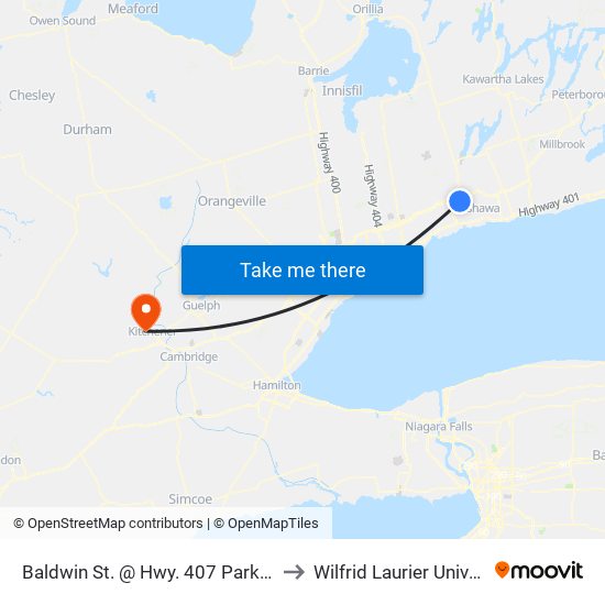 Baldwin St. @ Hwy. 407 Park & Ride to Wilfrid Laurier University map