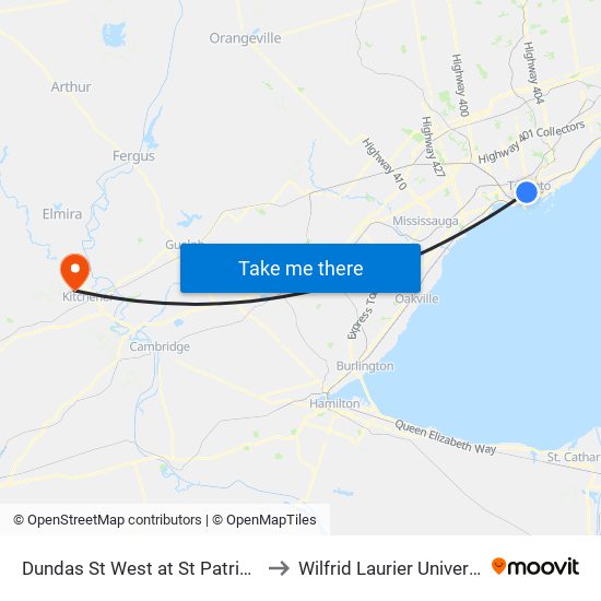 Dundas St West at St Patrick St to Wilfrid Laurier University map