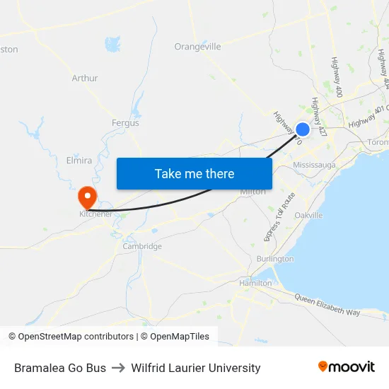 Bramalea Go Bus to Wilfrid Laurier University map