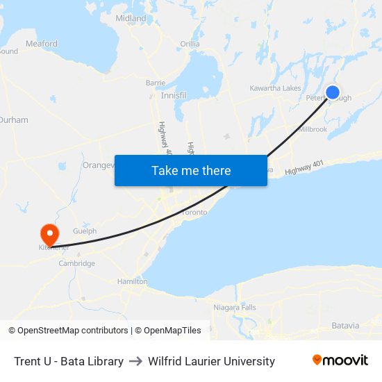 Trent U - Bata Library to Wilfrid Laurier University map