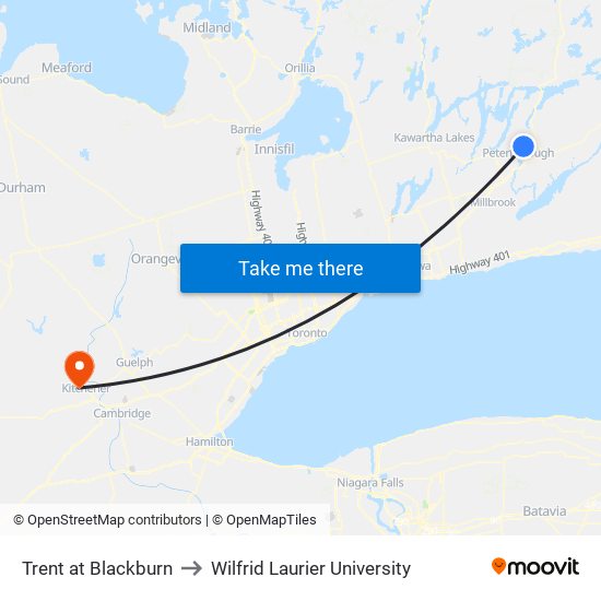 Trent at Blackburn to Wilfrid Laurier University map